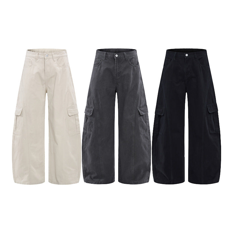 Damen Extraweite Hochtaillierte Cargo-Palazzo-Hose aus Baumwoll-Twill mit Pattentaschen Drune