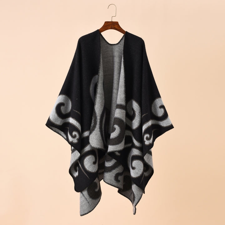 Damen Wollmix-Capeponcho im Ruana-Schnitt mit ornamentaler Intarsienstruktur Drune