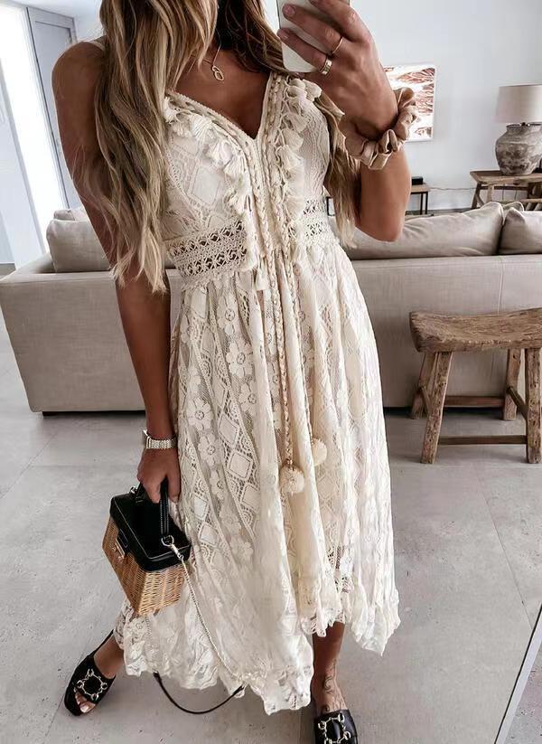 Damen Spitzen Maxi-Kleid mit zarten Häkel- und Rüschendetails Drune