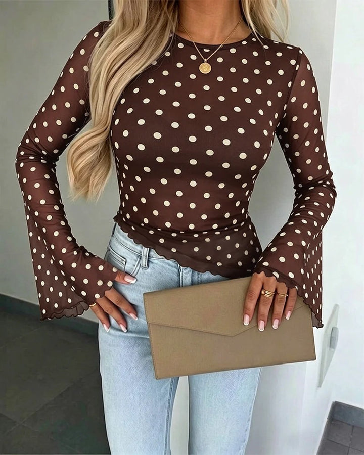 Damen Transparente Mesh-Polka‑Dot-Bluse mit taillierter Passform und Glockenärmeln Drune