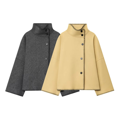 Damen nan weite Wollcape-Jacke mit hohem Stehkragen und asymmetrischer Knopfleiste Drune