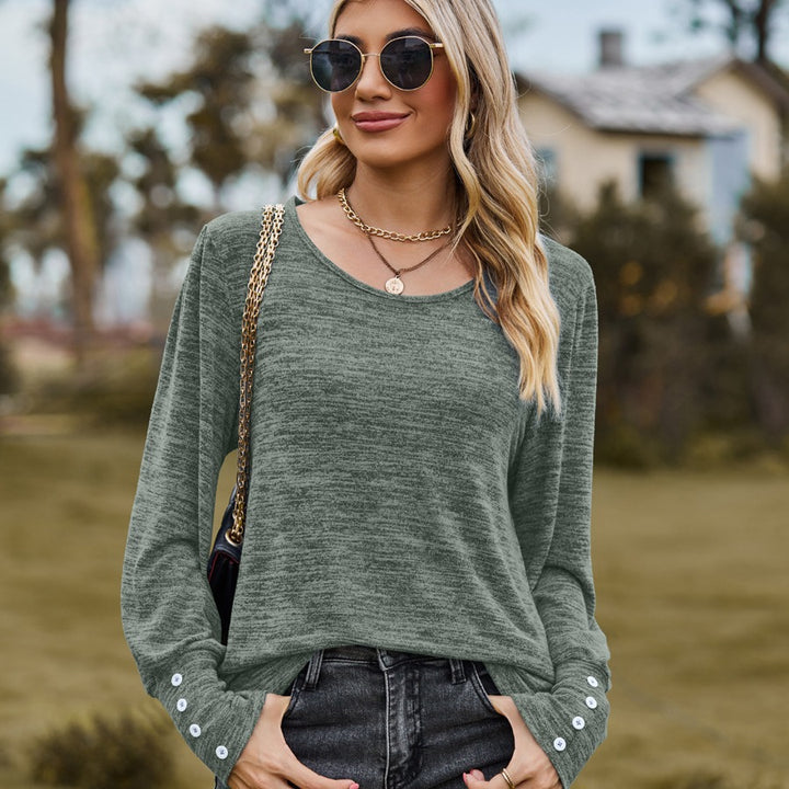 Damen Lässiges Langarmshirt mit Knopfmanschetten und weitem Rundhalsausschnitt Drune