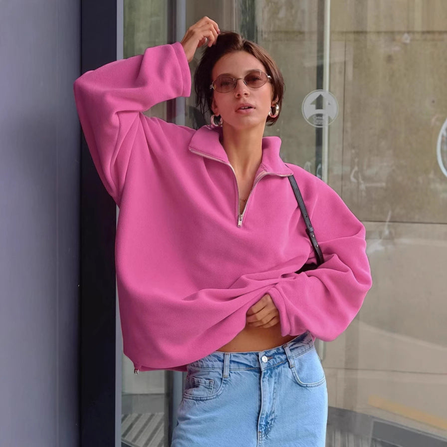 Damen lässiger Fleece-Pullover mit halbem Reißverschluss und oversized Schnitt Drune