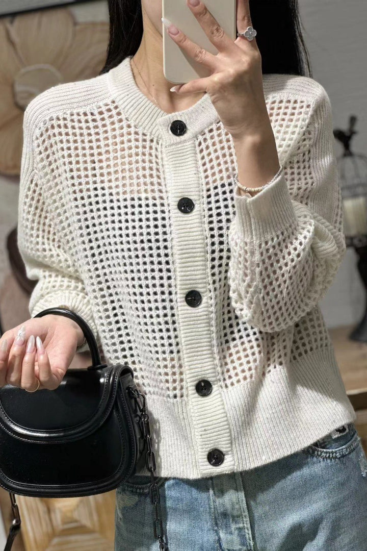 Damen Lockerer Mesh‑Cardigan mit Gitter‑Ajour, Rundhalsausschnitt und Knopfleiste Drune