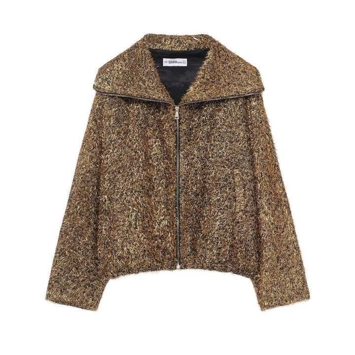 Damen nan cropped Glitzer-Strickjacke mit Reißverschluss und weitem Schalkragen Drune
