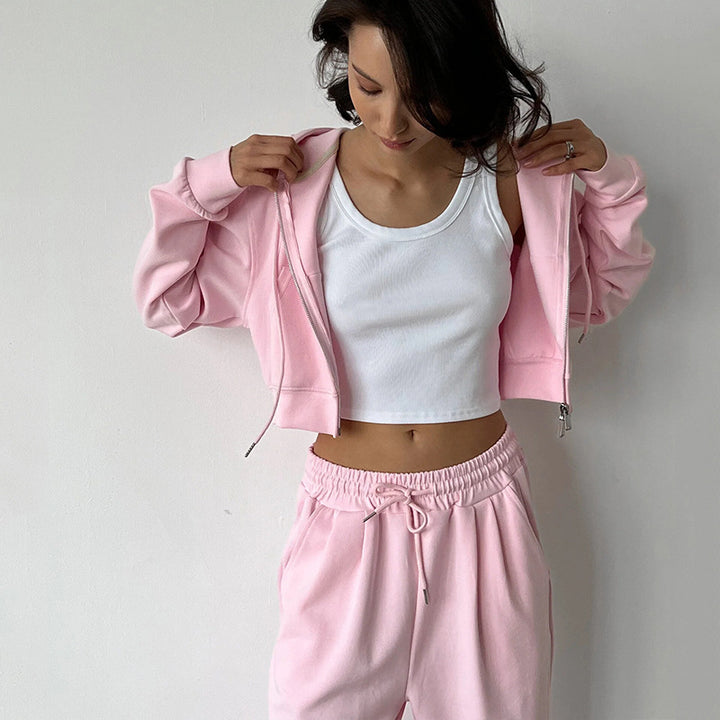 Damen kurzes Zip-Kapuzenjacken- und High-Waist Wide-Leg Jogginghose Set aus weichem French Terry Drune