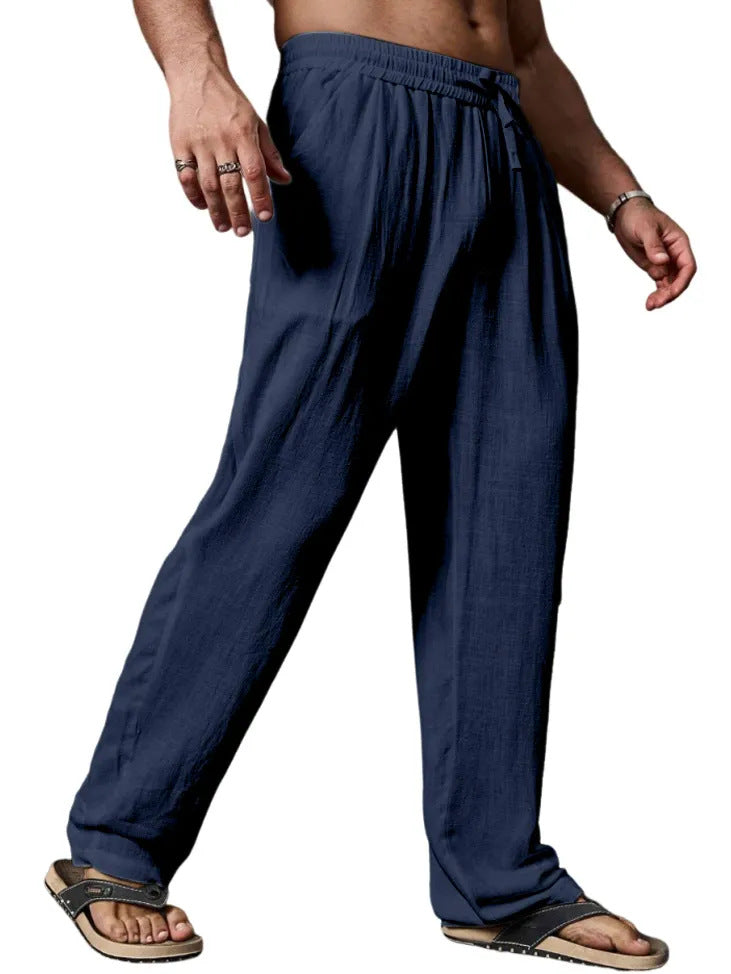 Herren entspannte Leinenmix-Yogahose mit Kordelzug, Elastikbund und geradem Bein Drune