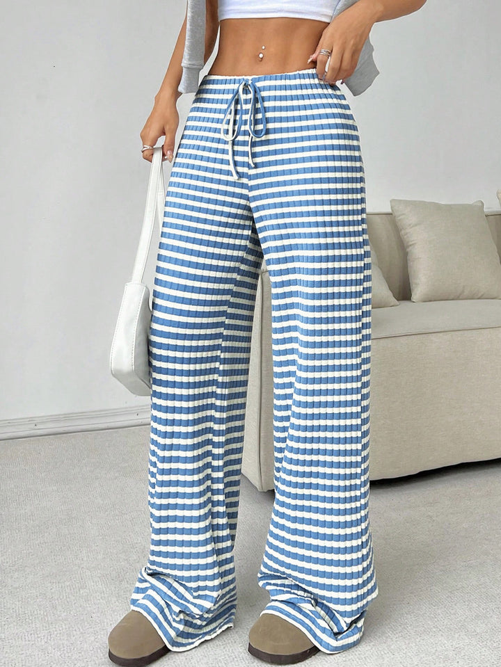 Damen Loungewear-Hose mit weitem Bein, geripptem Feinstrick und Kordelzug Drune