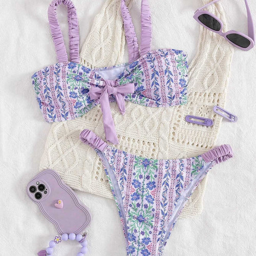 Damen Bandeau-Bikini mit floralem Design und verspielten Rüschen Drune