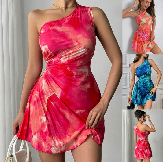 Damen One-Shoulder Plissee-Minikleid mit Cut-Out und Wickel-Detail Drune