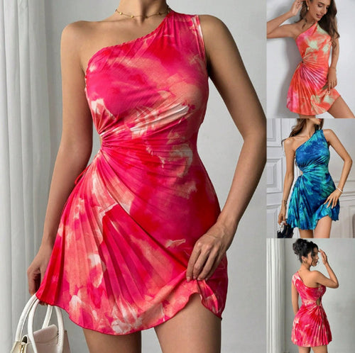 Damen One-Shoulder Plissee-Minikleid mit Cut-Out und Wickel-Detail Drune