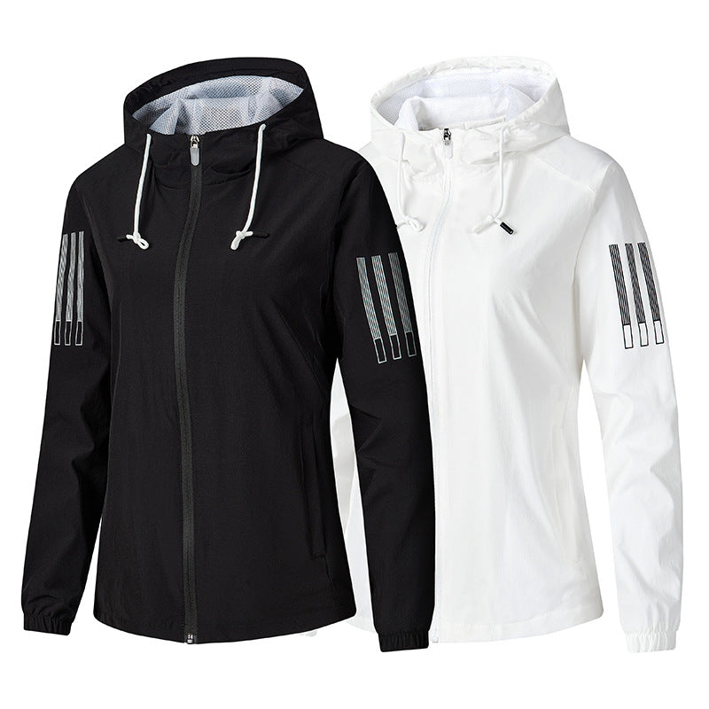 Damen Leichte atmungsaktive Kapuzen-Windjacke mit durchgehendem Reißverschluss und reflektierenden Ärmestreifen Drune