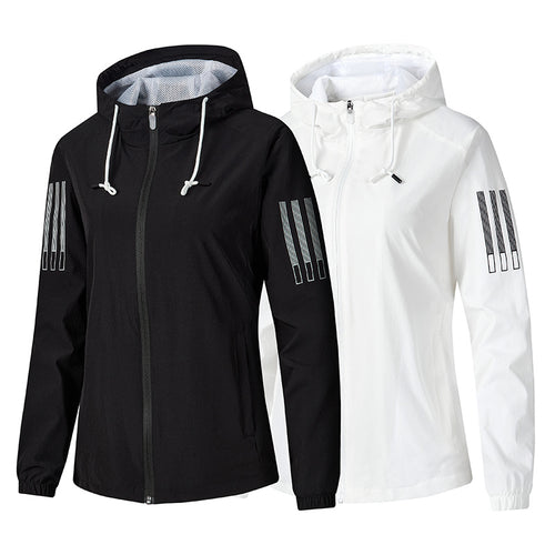 Damen Leichte atmungsaktive Kapuzen-Windjacke mit durchgehendem Reißverschluss und reflektierenden Ärmestreifen Drune