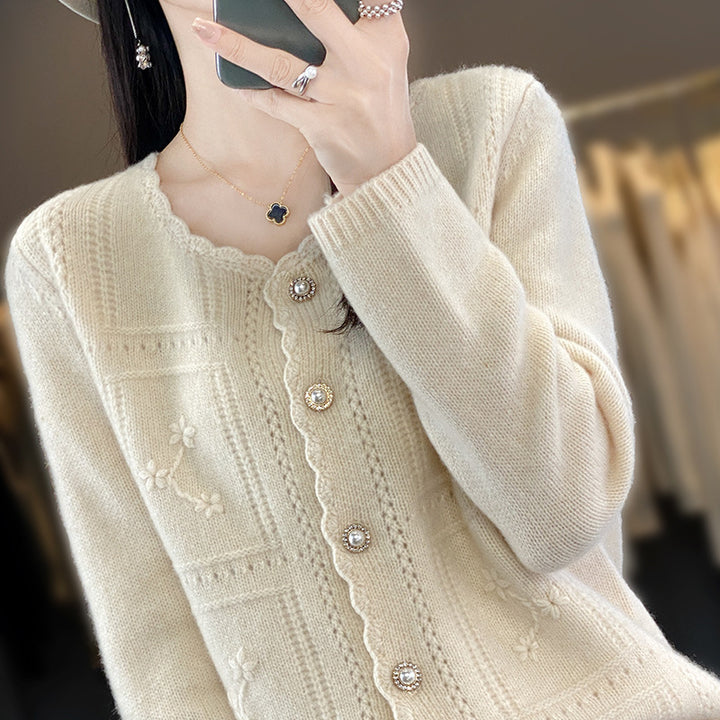 Damen Verzierter Strickcardigan mit Perlenknöpfen und Ajour‑Stickerei Drune