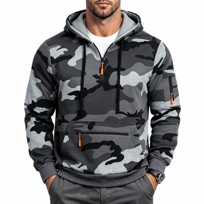 Herren Kapuzenpullover mit Tarnmuster, Reißverschlusstaschen und Kängurutasche Drune