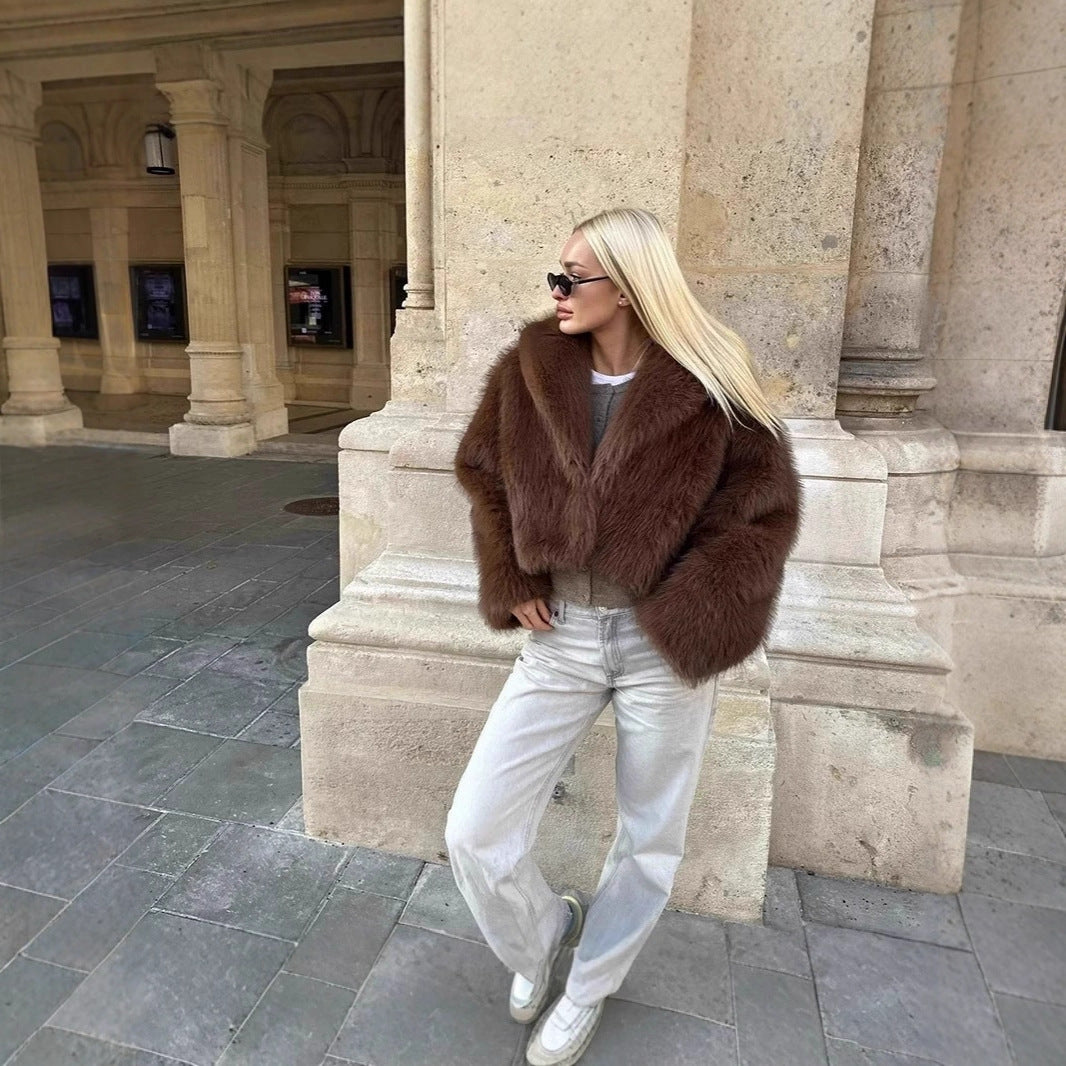 Damen Kurzer Boxy Kunstpelz‑Blouson mit voluminösem Schalkragen Drune