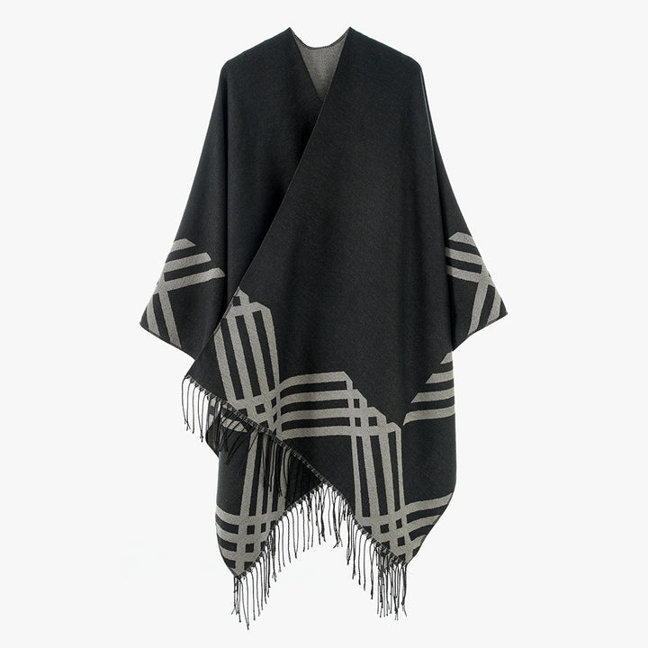 Damen Oversize-Kimono-Poncho aus Wollmix mit grafischem Raster-Jacquard und Fransensaum Drune