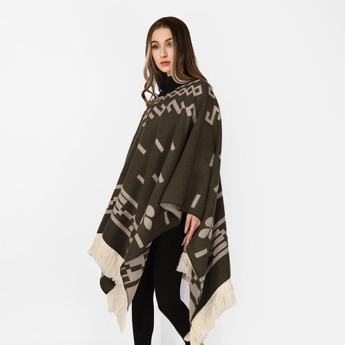 Damen V-Ausschnitt-Poncho im Jacquard-Strick mit Fransenabschluss Drune