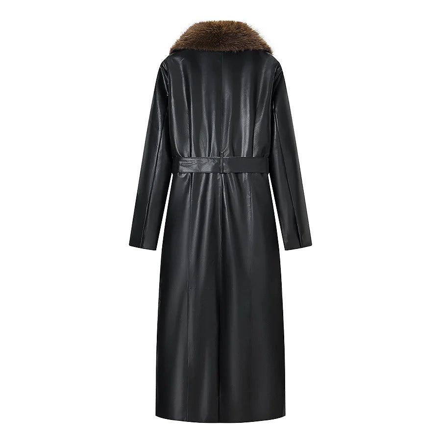 Damen nan langes Lederimitat-Mantelkleid mit voluminösem Kunstfell-Schalkragen und Bindegürtel Drune