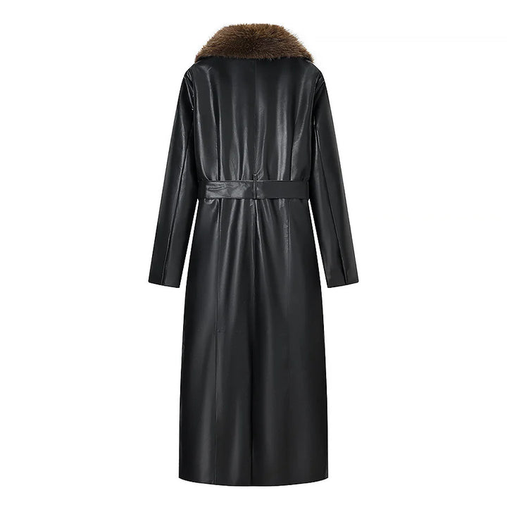 Damen nan langes Lederimitat-Mantelkleid mit voluminösem Kunstfell-Schalkragen und Bindegürtel Drune