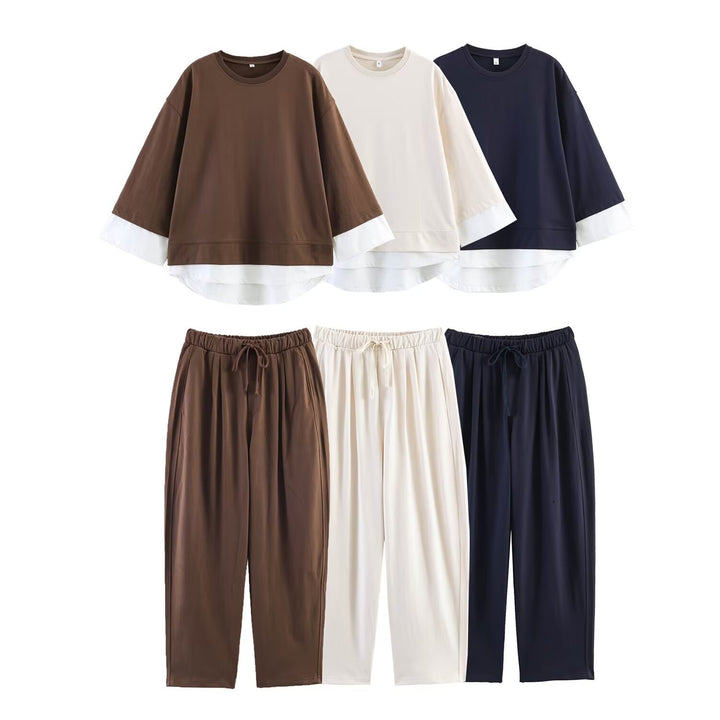 Damen Loungewear-Set aus weichem Jersey mit überlappendem Layer-Top und elastischer Highwaist-Hose Drune