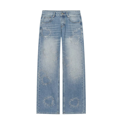 Damen Weite Highwaist-Jeans mit geradem Bein und Herz-Strassbesatz Drune
