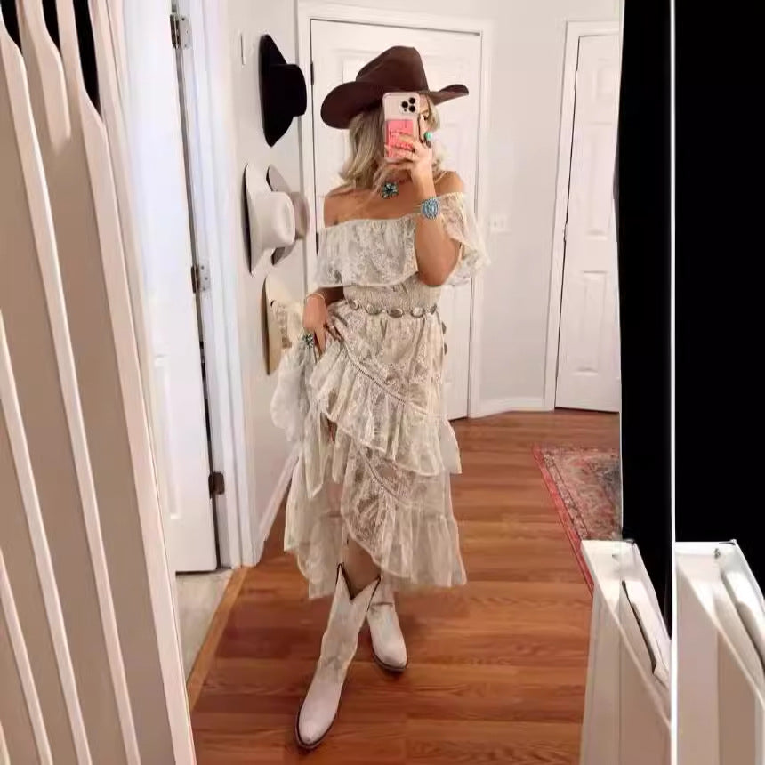Damen Boho-Rüschenkleid mit schulterfreiem Design und fließendem Stoff Drune