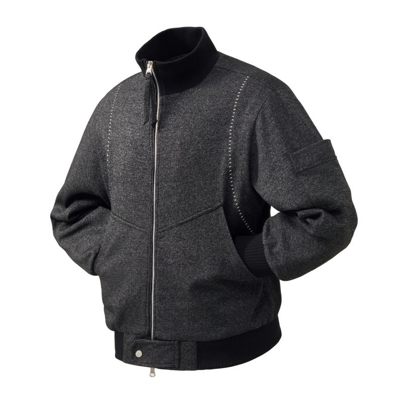 Herren Wollmix-Bomberjacke mit Stehkragen, Rippbündchen und Utility-Ärmeltasche Drune