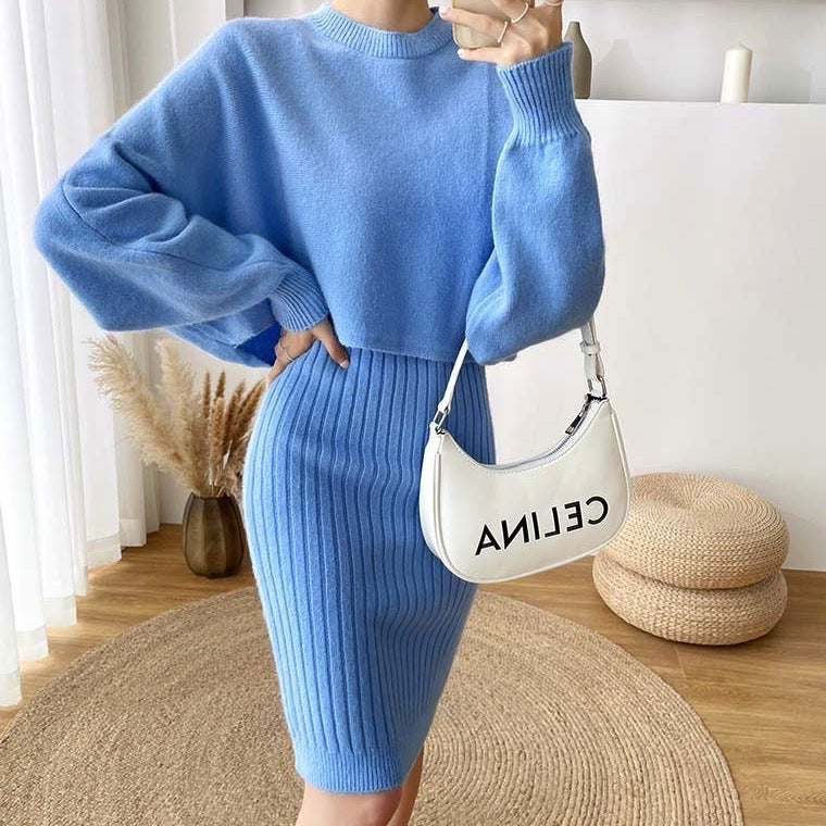 Damen elegante Strickkleid mit Ribstruktur und voluminösen Ärmeln Drune