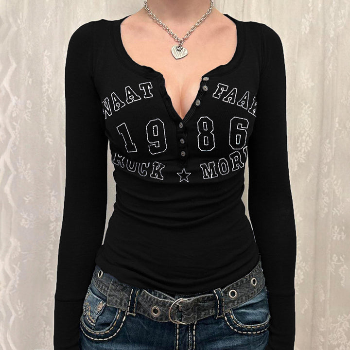 Damen Langarm T-Shirt mit modischem Druck und Knopfverschluss Drune