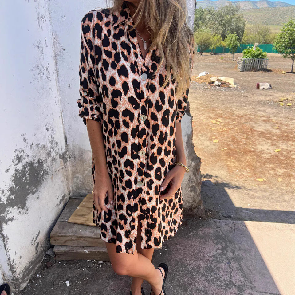 Damen Knopfleiste Leopardenmuster Hemdkleid Drune