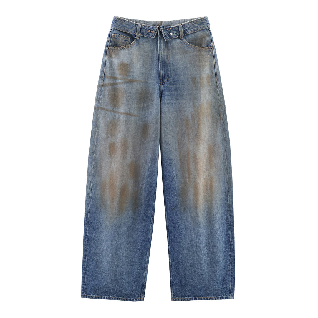 Damen nan weite Jeans mit hohem Bund abgetragenem Look geradem Bein und Fransenrissen Drune