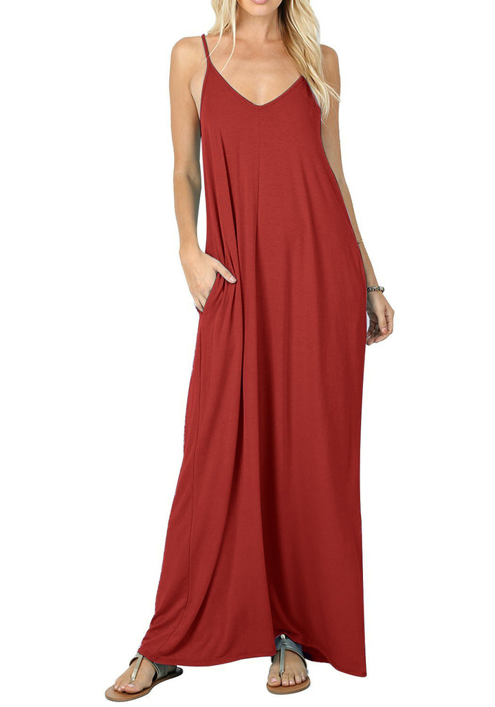 Damen Maxikleid mit verstellbaren Spaghettiträgern und praktischen Taschen Drune