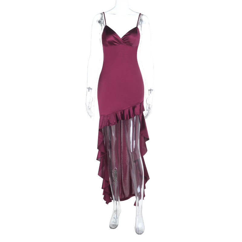 Damen elegantes Maxi-Jersey-Kleid mit asymmetrischem Rüschensaum und schmalen Trägern Drune