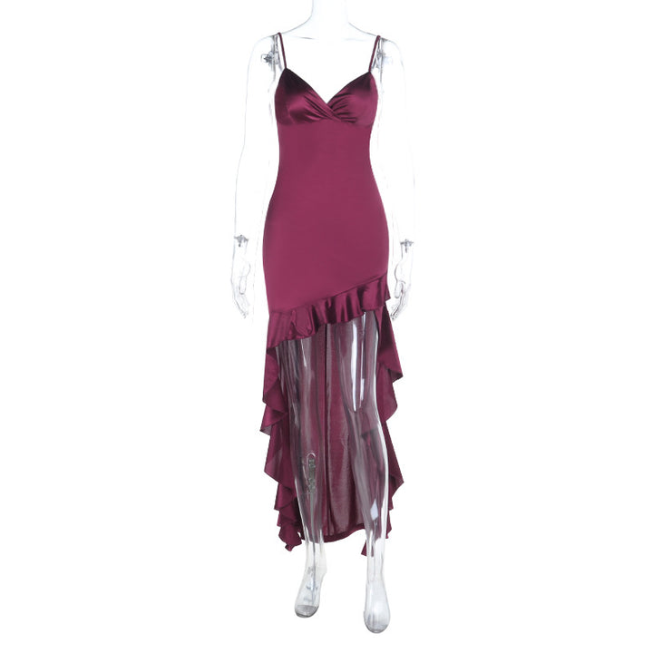 Damen elegantes Maxi-Jersey-Kleid mit asymmetrischem Rüschensaum und schmalen Trägern Drune