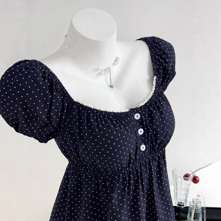 Damen Sommerkleid mit Puffärmeln und süßem Punkten Drune