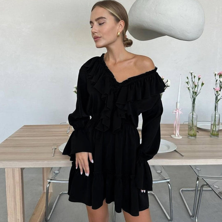 Damen Verspieltes Rüschen-Kurzkleid mit V-Ausschnitt, geraffter Taille und Stufensaum Drune