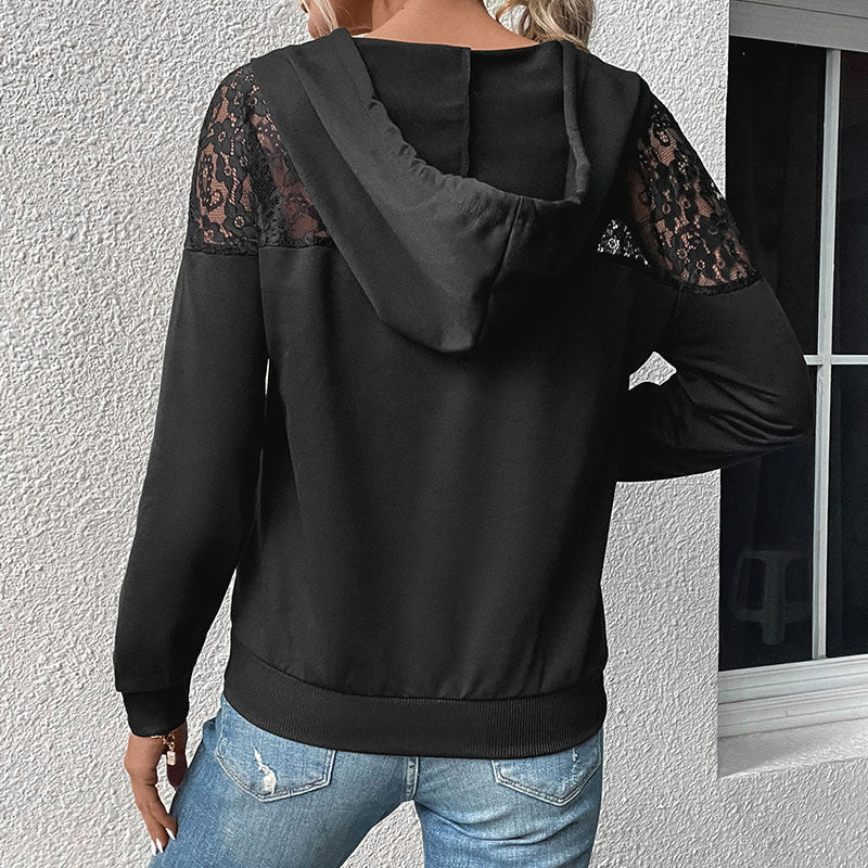 Damen Hoodie mit V-Ausschnitt, Spitzen-Schulterbesatz und Kängurutasche Drune
