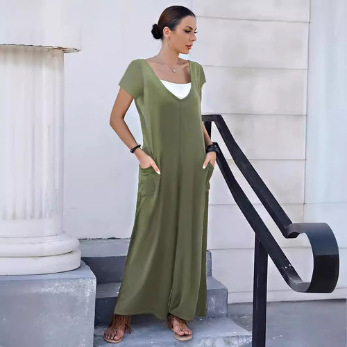 Damen Fließender Jumpsuit mit praktischen Taschen und V-Ausschnitt Drune