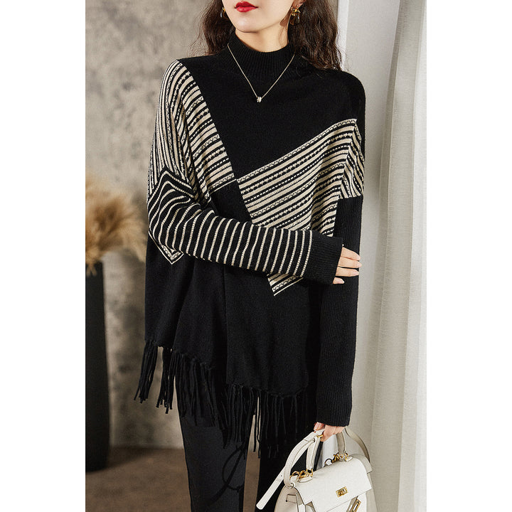 Damen Strickpullover mit geometrischem Muster und Fransen Drune