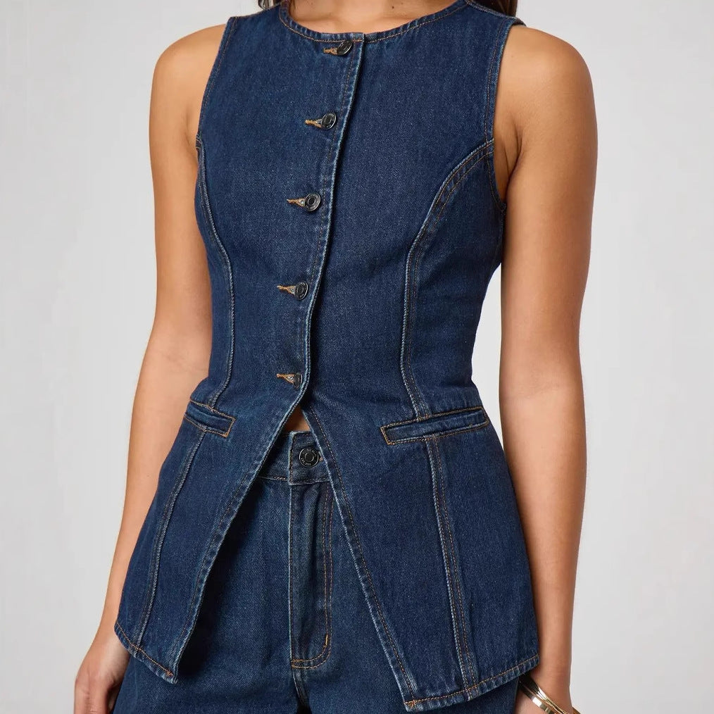 Damen Jeansweste mit tailliertem Schnitt und praktischen Taschen Drune