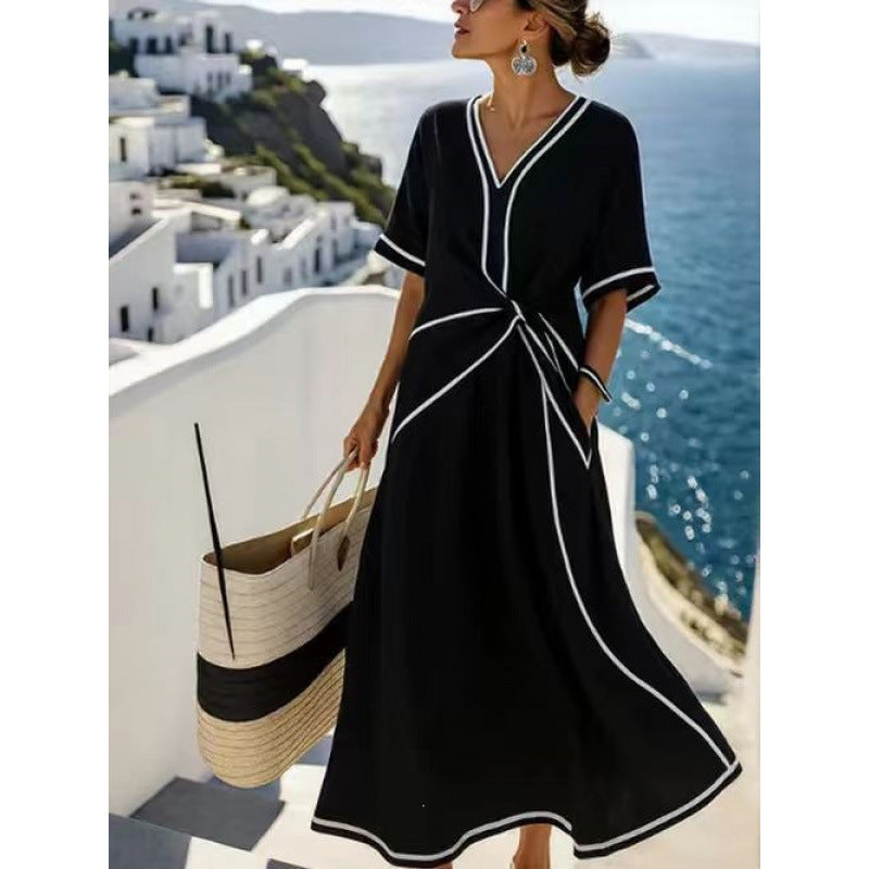 Damen Maxikleid mit V-Ausschnitt, seitlichem Knoten und Kontrastpaspeln Drune