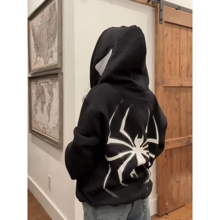 Unisex nan Kapuzenpullover mit kontrastiertem Spinnenmotiv Rückendruck und Ohrenkapuze Drune