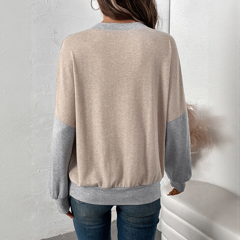 Damen Zweifarbiger Oversize-Langarmpullover mit Kontrastärmeln und V-Naht Drune
