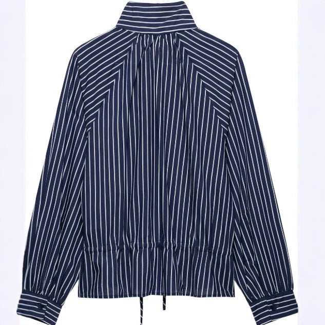 Damen Gestreifte Hemdbluse mit Stehkragen und Tunnelzug Drune