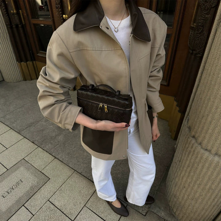 Damen Boxy-Fieldjacke mit kontrastkragen in Lederoptik und aufgesetzten Taschen Drune