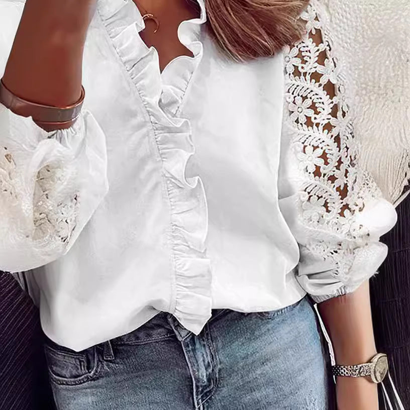 Damen elegante Bluse mit Rüschendetails und Spitzenärmeln Drune