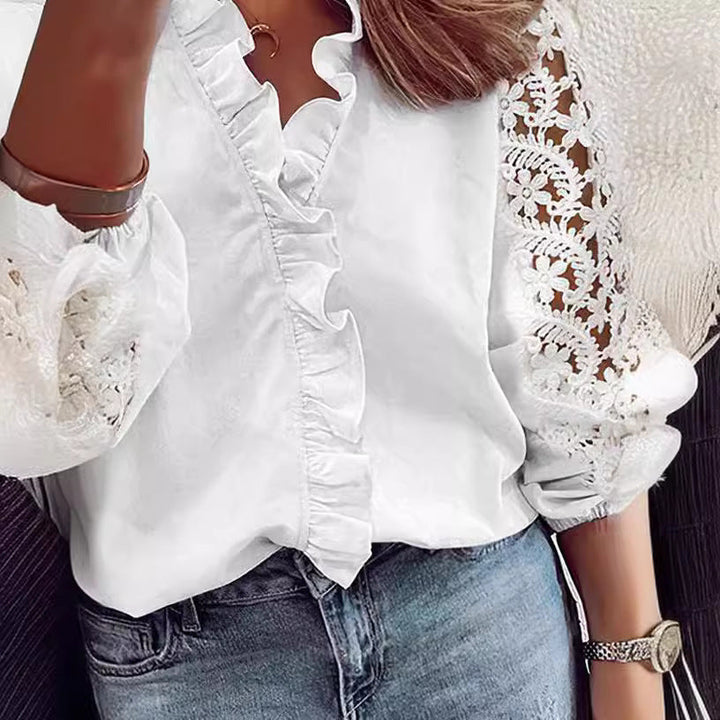 Damen elegante Bluse mit Rüschendetails und Spitzenärmeln Drune