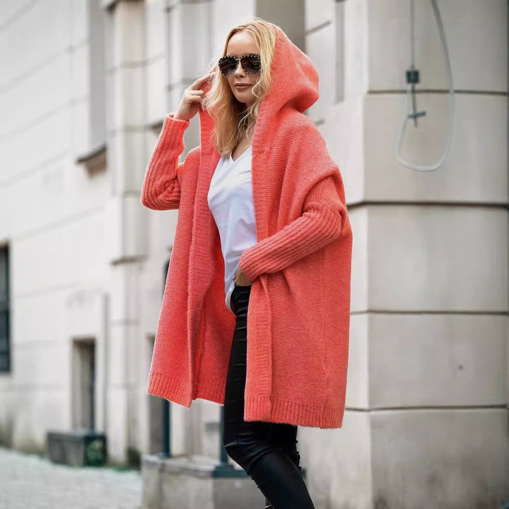 Damen lässiger Strickcardigan mit Kapuze und großen Taschen Drune
