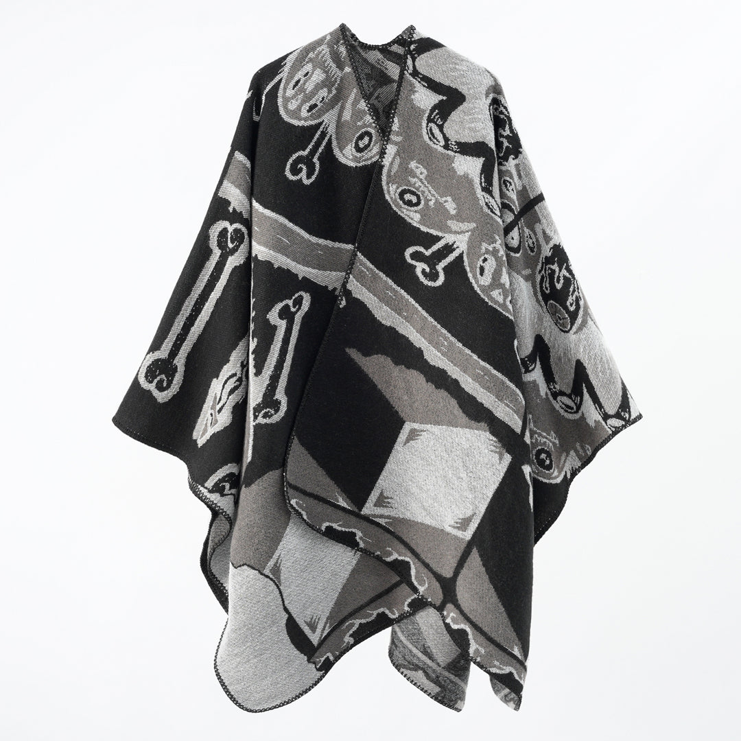 Damen Jacquard-Überwurfponcho mit musikalischem Ornament und Rollkante Drune